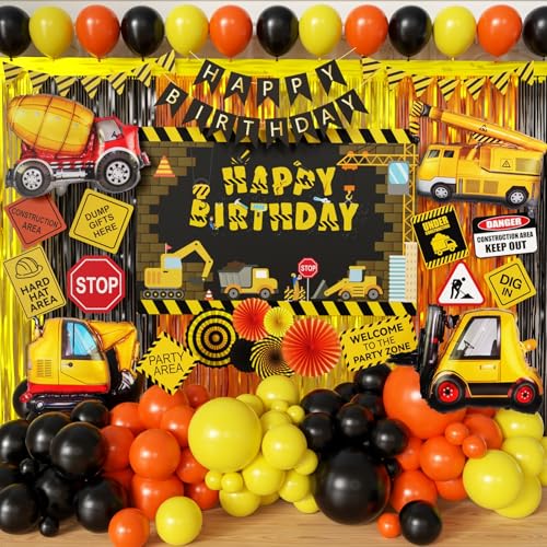 FIGEPO Construction Birthday Party Supplies Dump Truck Party Decorations Kits Set arch kit Garland for Boy Construction Balloons Signs Backdrop Happy Birthday Banner - Image 1