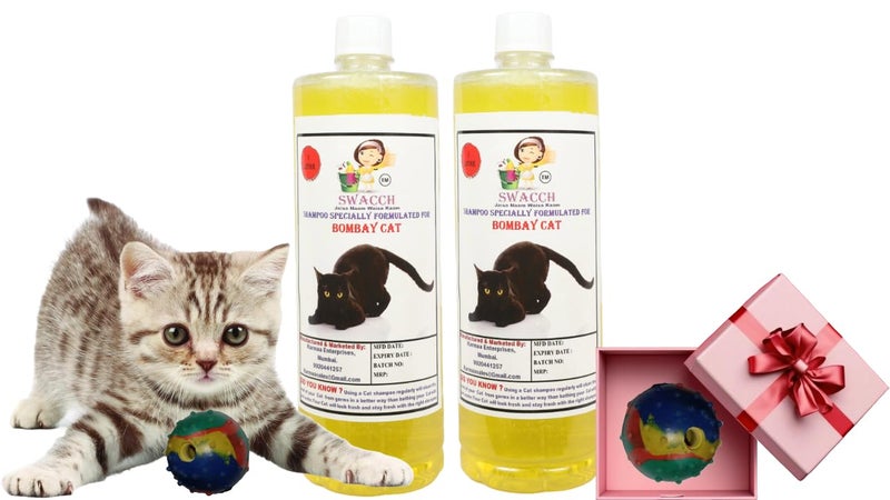 swacch Bombay Cat Shampoo + Rubber Musical Ball I Chew Playing Rubber Ball I Interactive Cat Toy Balls I Training & Play I Combo Pack I 1 Litre Pack of 2 Lemon - Image 1