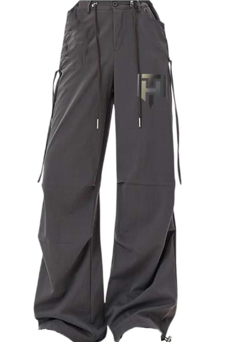 Huitich Women's Ice Silk Wide-Leg Pants High Waist, Loose Fit, Dark Grey Size L - Image 1