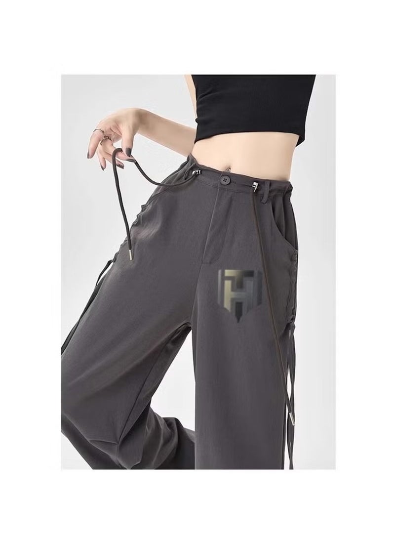 Huitich Women's Ice Silk Wide-Leg Pants High Waist, Loose Fit, Dark Grey Size L - Image 2