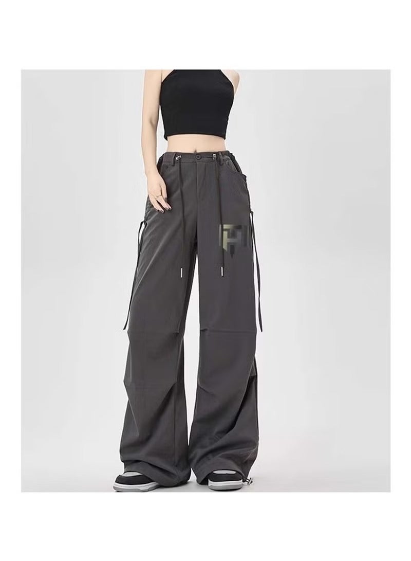 Huitich Women's Ice Silk Wide-Leg Pants High Waist, Loose Fit, Dark Grey Size L - Image 4