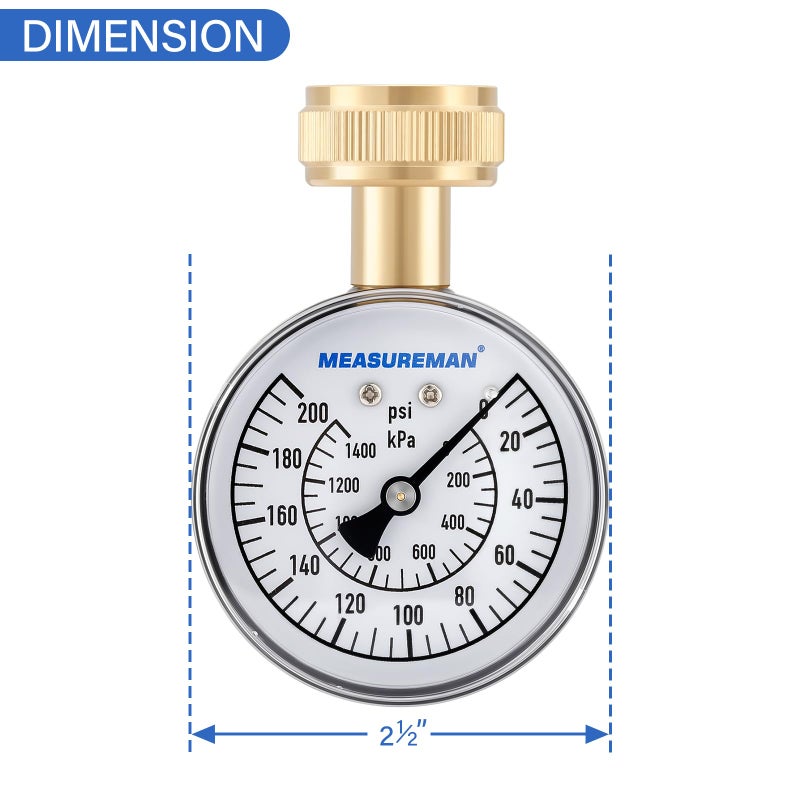 MEASUREMAN MEASUREMAN 0-200 PSI Water Pressure Gauge, 2-1/2'' Dial, Hose bib Pressure Gauge, Home Water Pressure Tester, Durable 3/4” Hose Thread, Water Pressure Gauge for Home - Image 5