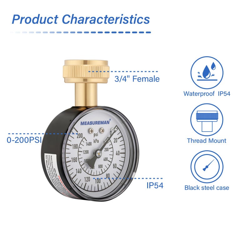 MEASUREMAN MEASUREMAN 0-200 PSI Water Pressure Gauge, 2-1/2'' Dial, Hose bib Pressure Gauge, Home Water Pressure Tester, Durable 3/4” Hose Thread, Water Pressure Gauge for Home - Image 4