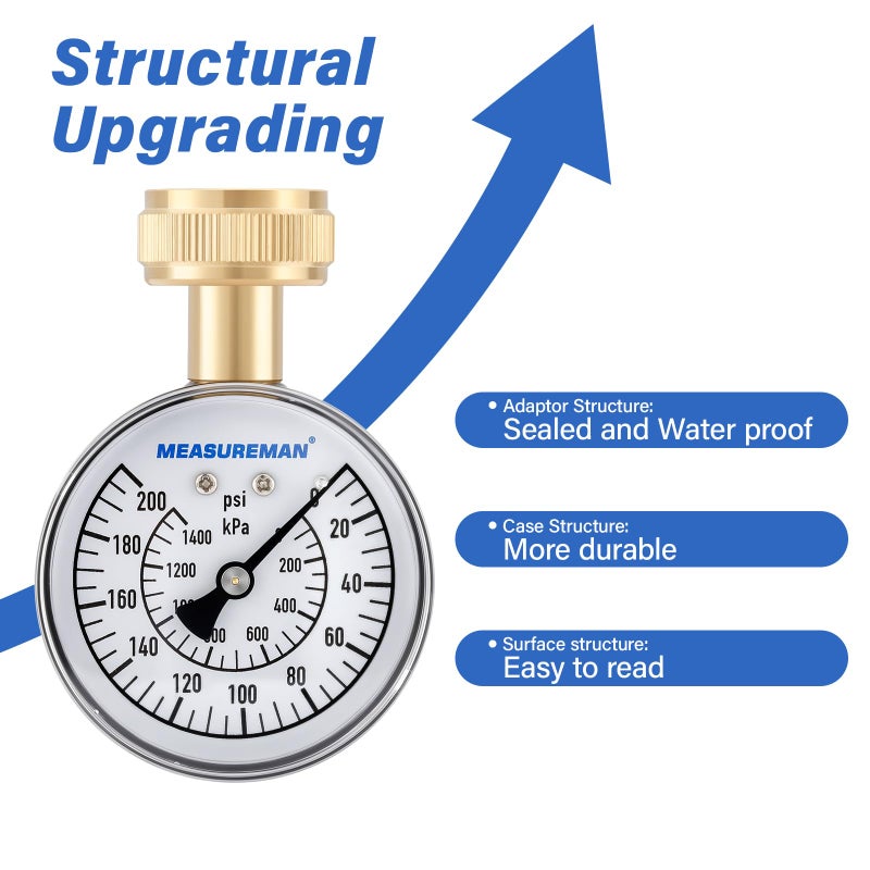 MEASUREMAN Water Pressure Gauge, 0-200 PSI Water Pressure Tester with 2-1/2 Inch Dial & Durable 3/4 Inch Hose Thread, Ideal for Home, Hose Bib (Waterproof Case, Black) - Image 3