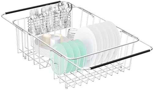 Fanbsy Large Dish Drainer Rack in Sink Adjustable Expandable 304 Stainless Steel Metal Dish Drying Rack Organizer with Stainless Steel Utensil Holder Over Inside Sink Counter Rustproof