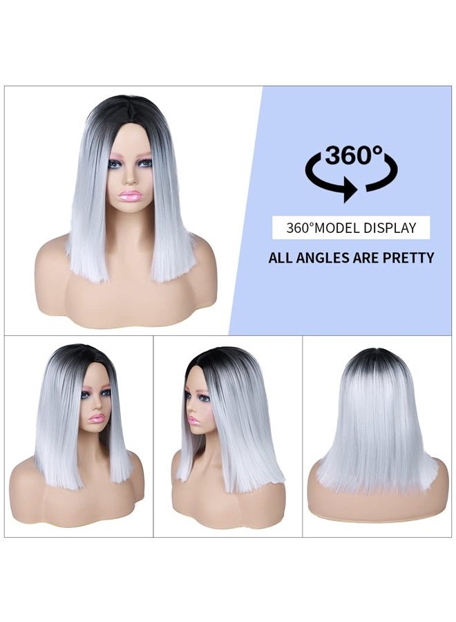 quickwig باروكة سريعة باروكة أومبري بقصة وعاء باروكة شعر مستقيم بوب باروكة سوداء إلى رمادية جزء وسطي ألياف مقاومة للحرارة باروكة صناعية لملابس الكوسبلاي وحفلات النساء 14 بوصة - Image 2