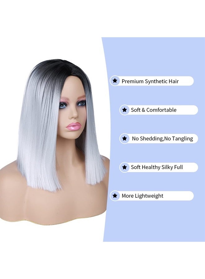 quickwig باروكة سريعة باروكة أومبري بقصة وعاء باروكة شعر مستقيم بوب باروكة سوداء إلى رمادية جزء وسطي ألياف مقاومة للحرارة باروكة صناعية لملابس الكوسبلاي وحفلات النساء 14 بوصة - Image 5