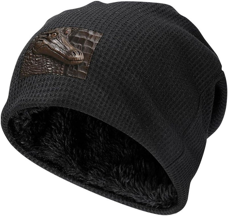 Black Crocodile Leather Beanie Winter Hat Soft Warm Knit Skull Cap For Men And Women - Image 1