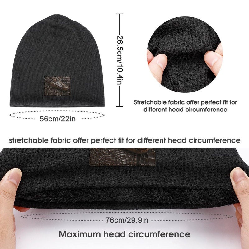 Black Crocodile Leather Beanie Winter Hat Soft Warm Knit Skull Cap For Men And Women - Image 3
