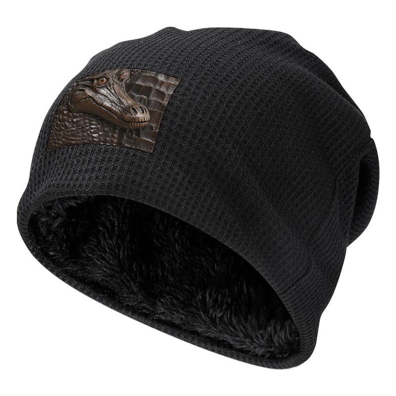 Black Crocodile Leather Beanie Winter Hat Soft Warm Knit Skull Cap For Men And Women - Image 2