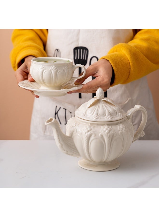White Embossed Ceramic Coffee Cup & Saucer Set - 250ML Vintage Palace Style, Elegant for Latte/Cappuccino/Afternoon Tea - Image 3