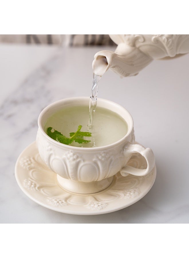 White Embossed Ceramic Coffee Cup & Saucer Set - 250ML Vintage Palace Style, Elegant for Latte/Cappuccino/Afternoon Tea - Image 5