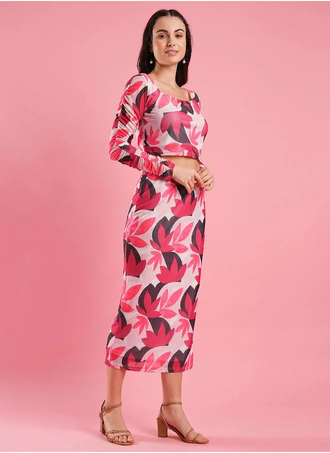 globus Globus Floral Print Mesh Crop Top and Pencil Skirt Co-Ords