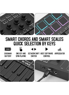 ام- فيفي وحدة تحكم لوحة مفاتيح M-WAVE USB MIDI مكونة من 25 مفتاحًا مع 8 لوحات طبول بإضاءة خلفية، ولوحة مفاتيح ديناميكية احترافية شبه مرجحة بتقنية البلوتوث و8 مقابض وإنتاج موسيقي، مع برنامج متضمن (أسود)  - Image 2