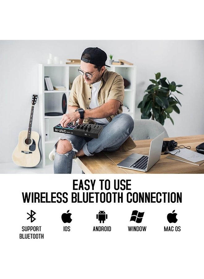 ام- فيفي - وحدة تحكم لوحة مفاتيح M-WAVE USB MIDI مكونة من 25 مفتاحًا مع 8 لوحات طبول بإضاءة خلفية، ولوحة مفاتيح ديناميكية احترافية شبه مرجحة بتقنية البلوتوث و8 مقابض وإنتاج موسيقي، مع برنامج متضمن (أسود) - Image 1
