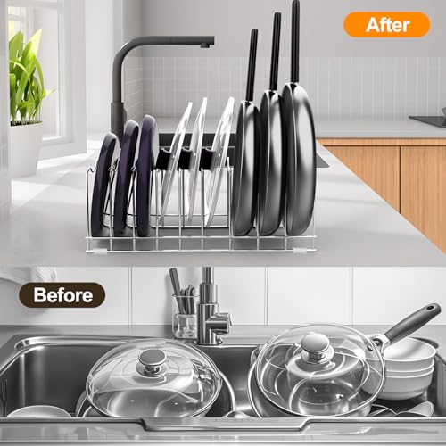 FLSEPAMB Stainless Steel, Alloy Steel Lid Organizer Pot Lid Organizer 10-Tier Pot Lid Rack Holder Suitable for Bakeware Dish Plate, Cutting Boards, Pots & Pans (1 Pack), Free Standing, Tiered Shelf - Image 3