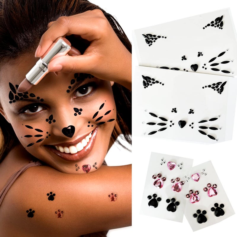 Crystal Cat Face Jewels Pink Cat Print Gems 2Sheet Black Cat Eye Gems Sticker and 2Sheet Fake Cat Lash Gems Tattoo Stick on Face for Women Kids Cat Halloween Makeup