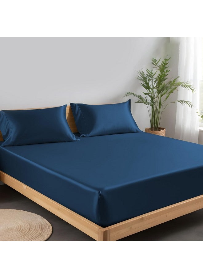 LINENWALAS 100% Vegan Bamboo Silk Solid Fitted Bedsheet With Secure Elastic Deep Pocket With Pillowcase Natural Soft And Best For Hair And Delicate Skin-King(72 X 78 Inches)-Navy Blue,300 Tc - Image 1