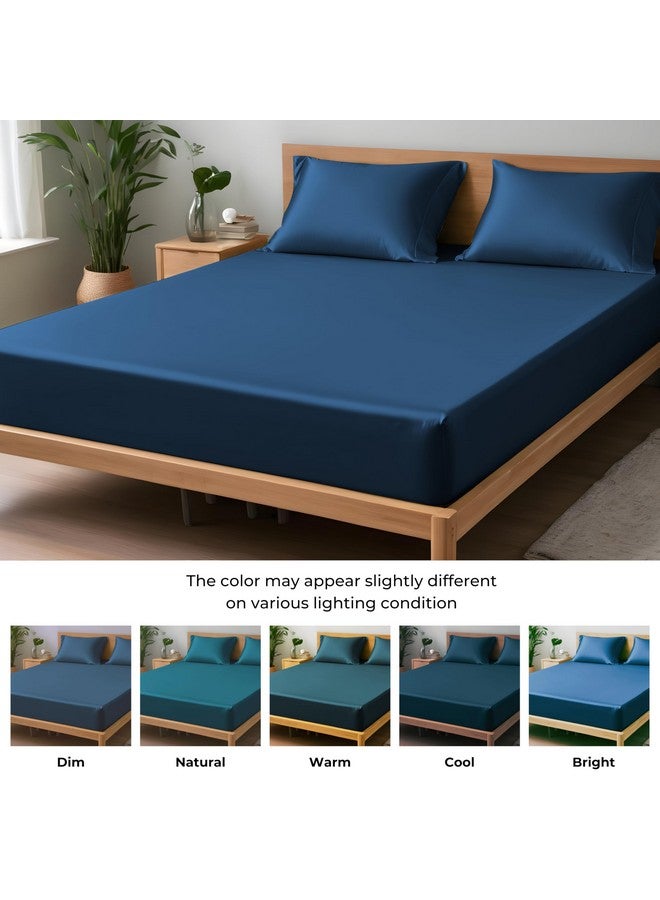 LINENWALAS 100% Vegan Bamboo Silk Solid Fitted Bedsheet With Secure Elastic Deep Pocket With Pillowcase Natural Soft And Best For Hair And Delicate Skin-King(72 X 78 Inches)-Navy Blue,300 Tc - Image 4