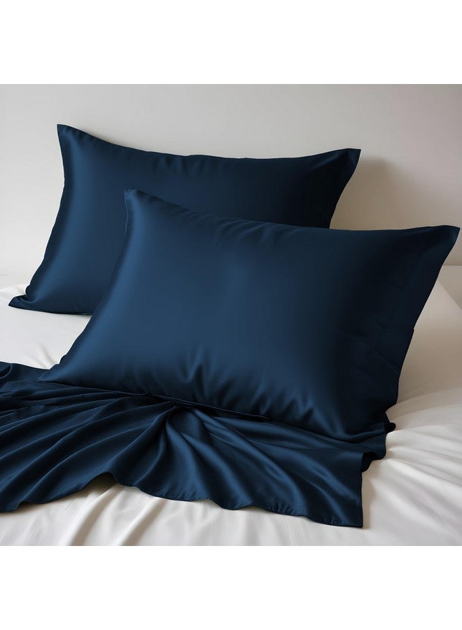 LINENWALAS 100% Vegan Bamboo Silk Solid Fitted Bedsheet With Secure Elastic Deep Pocket With Pillowcase Natural Soft And Best For Hair And Delicate Skin-King(72 X 78 Inches)-Navy Blue,300 Tc - Image 2