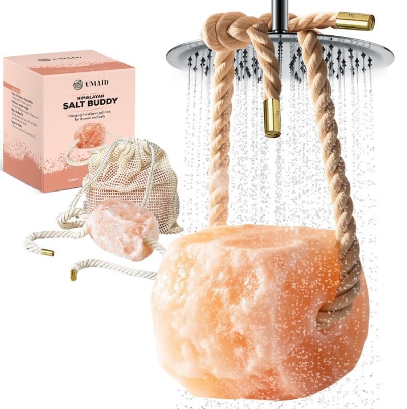 UMAID Himalayan Bath Salt Buddyâ„¢ 4 lb â€“ Hanging Mineral Salt Rock for Shower & Bath, Solid Pink Himalayan Stone for Natural Steam, Relaxation & Spa-Like Self-Care, Unique Gift for Men & Women - Image 1