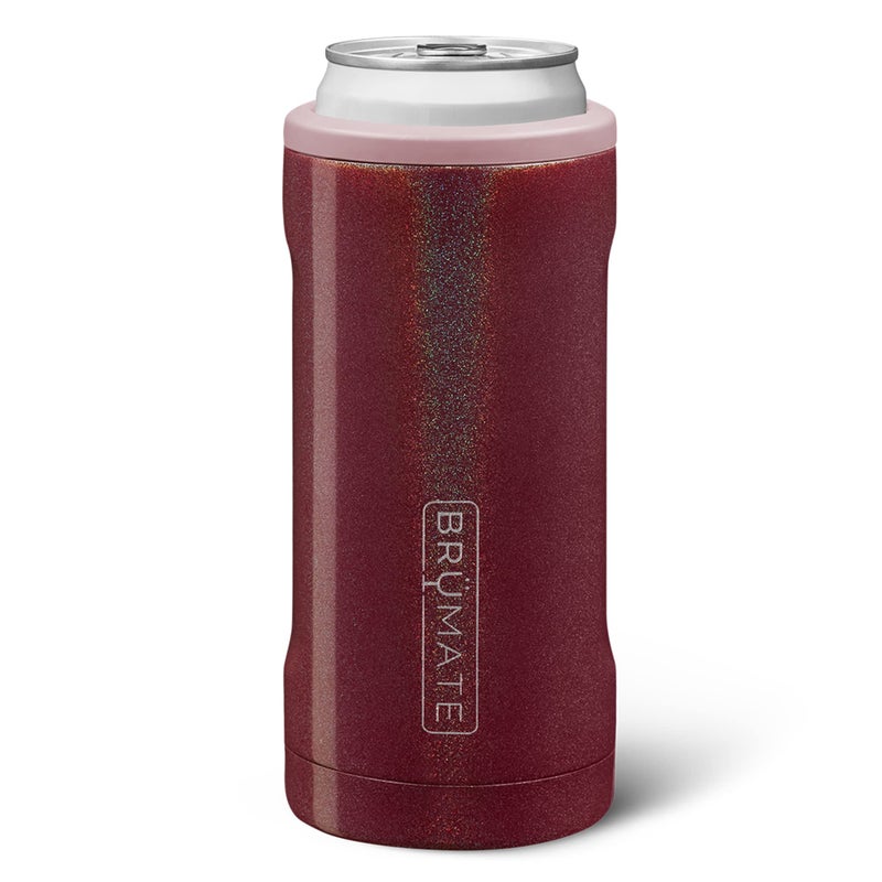 BrMate Hopsulator Slim Can Cooler Insulated for 12oz Slim Cans Skinny Can Insulated Stainless Steel Drink Holder for Hard Seltzer Beer Soda and Energy Drinks Glitter Merlot