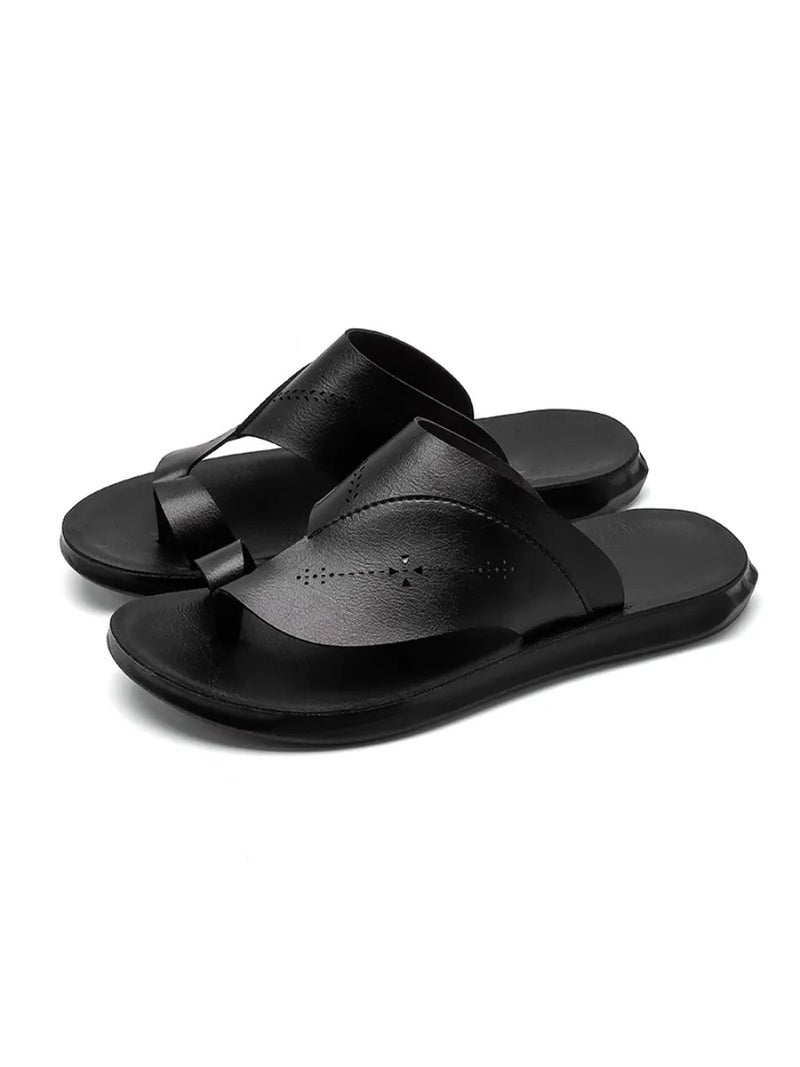 Men's Black Toe-Loop Slide Sandals, Summer Casual Outdoor Slippers, Comfortable Beach & Daily Footwear (Sizes 40-43) - Image 1