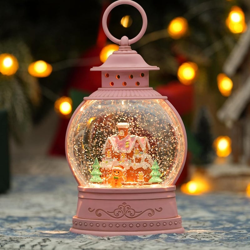 PestiLite Christmas Snow Globes, Gingerbread House Musical Snow Globe Light up Swirling Glitter Snow Globe Pink Lantern with Timer, USB & Battery Operated Candy Cottage and Gingerbread Man Christmas Home Decor - Image 5