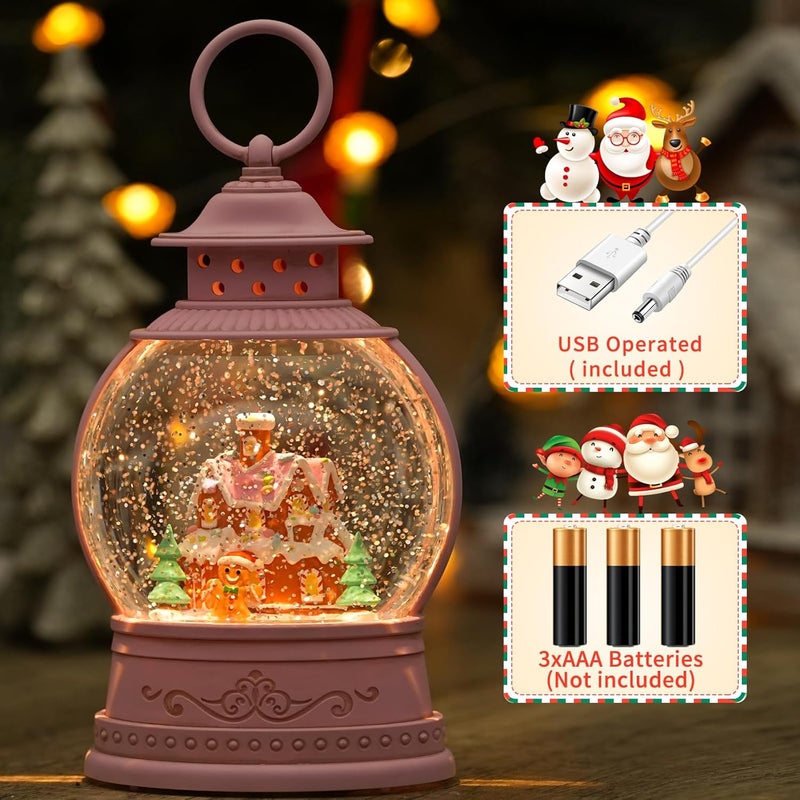 PestiLite Christmas Snow Globes, Gingerbread House Musical Snow Globe Light up Swirling Glitter Snow Globe Pink Lantern with Timer, USB & Battery Operated Candy Cottage and Gingerbread Man Christmas Home Decor - Image 4