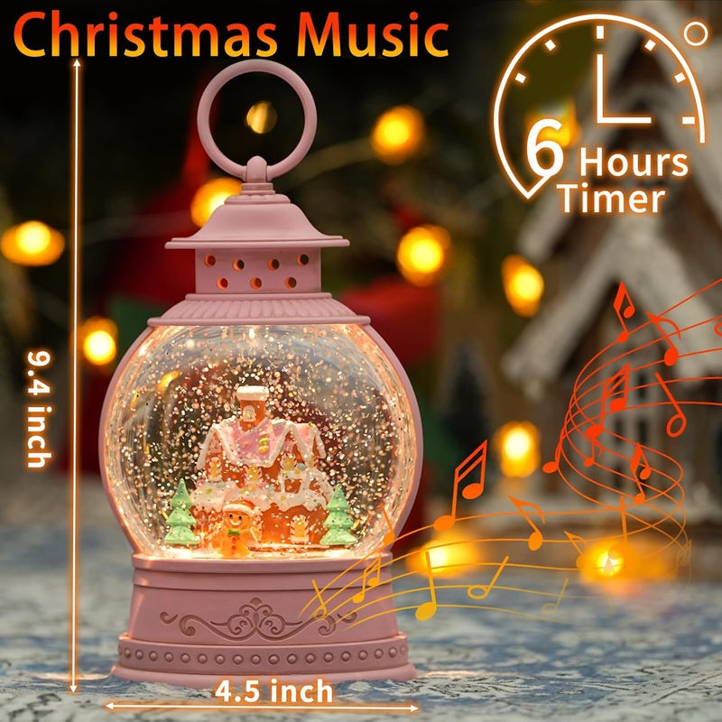 PestiLite Christmas Snow Globes, Gingerbread House Musical Snow Globe Light up Swirling Glitter Snow Globe Pink Lantern with Timer, USB & Battery Operated Candy Cottage and Gingerbread Man Christmas Home Decor - Image 2
