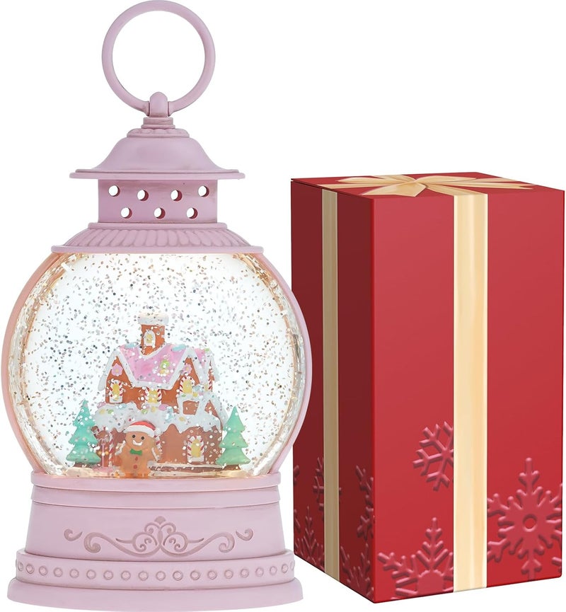 PestiLite Christmas Snow Globes, Gingerbread House Musical Snow Globe Light up Swirling Glitter Snow Globe Pink Lantern with Timer, USB & Battery Operated Candy Cottage and Gingerbread Man Christmas Home Decor - Image 3