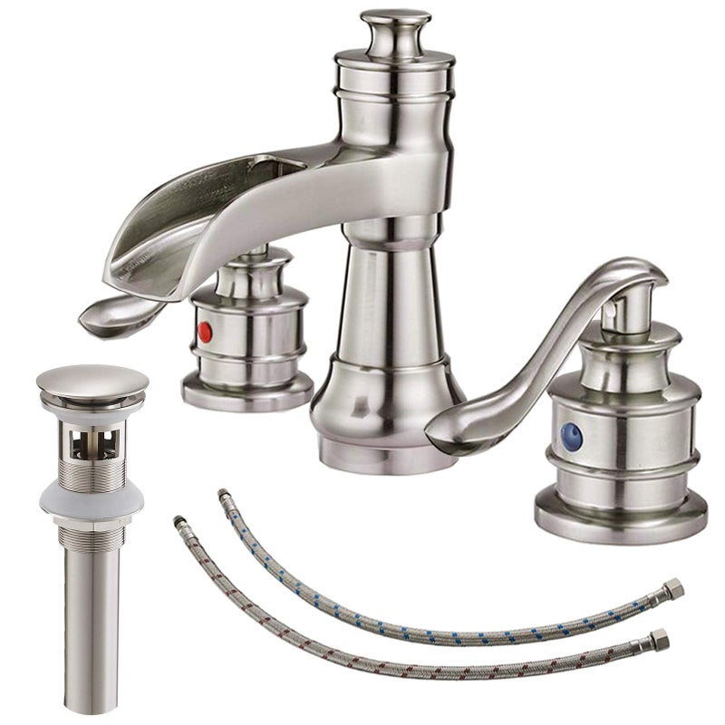 BATHLAVISH Widespread Bathroom Faucet 3 Hole Brushed Nickel Waterfall with Pop up Drain Assembly 2 Handle Sink Vanity Overflow Commercial Supply Line