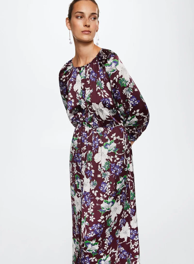 MANGO Puff Sleeve Floral Print Dress