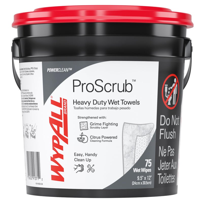 WypAll® PowerClean™ ProScrub™ Heavy Duty Wet Towels (91371), Dual Action Cleaning, Large 9.5" x 12" Wipes, Bucket Included (75 Sheets/Container) - Image 1