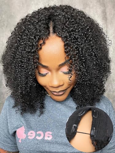 ISEE V Part Human Hair Kinky Curly MinimalNo Leave Out Upgrade U Part Wig for Black Women V Shape Kinky Curly Thin Part Glueless Clip In Half Wig 180 Density Natural Color 14 Inch - Image 2