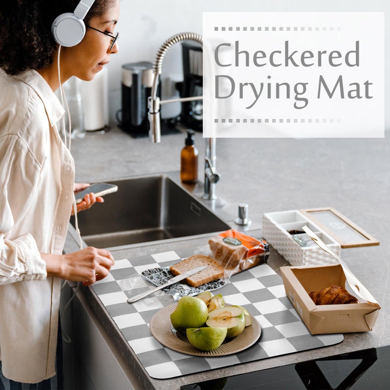 Tinideya Coffee Mat Checkered Dish Drying Mat for Kitchen Counter Coffee Bar Vintage Buffalo Dish Pad Absorbent Kitchen Drying Mat for Bar Station Accessories Easy Clean(Grey,12 x 16 Inches) - Image 4
