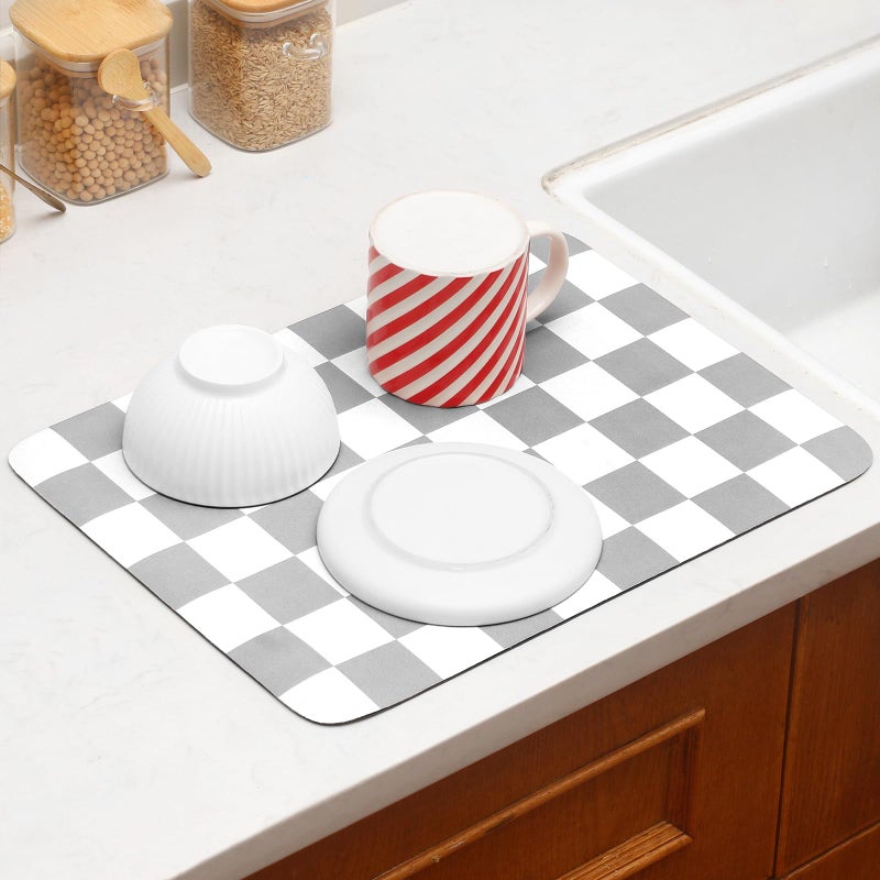 Tinideya Coffee Mat Checkered Dish Drying Mat for Kitchen Counter Coffee Bar Vintage Buffalo Dish Pad Absorbent Kitchen Drying Mat for Bar Station Accessories Easy Clean(Grey,12 x 16 Inches) - Image 1