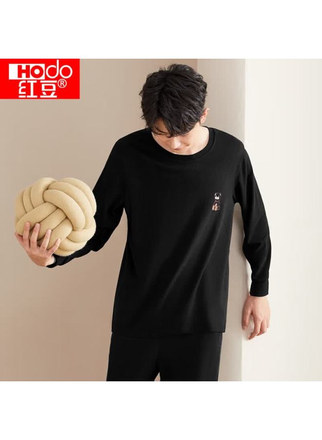 Hongdou Men's Pajamas, Pure Cotton Long-sleeve Round Neck Set, All-cotton Printed Loungewear, Suitable For Outdoor Wear, Truffle Black, Size 180 - Image 2