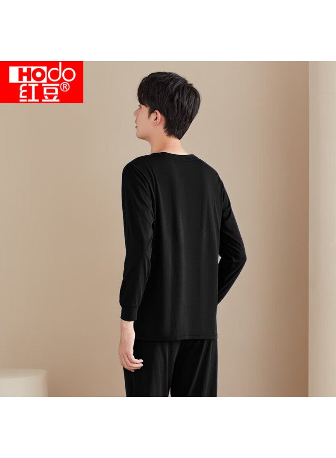 Hongdou Men's Pajamas, Pure Cotton Long-sleeve Round Neck Set, All-cotton Printed Loungewear, Suitable For Outdoor Wear, Truffle Black, Size 180 - Image 3
