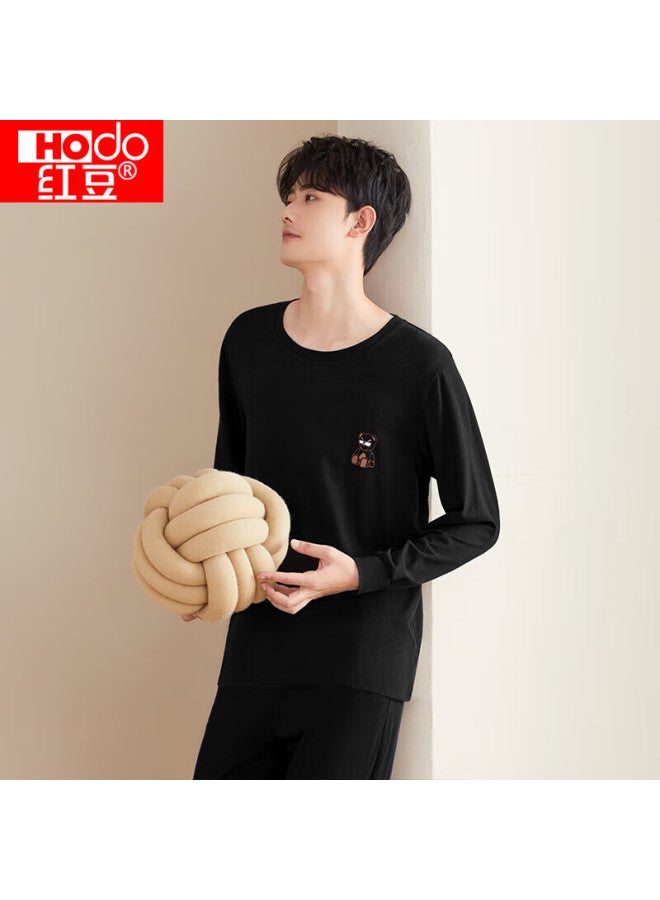 Hongdou Men's Pajamas, Pure Cotton Long-sleeve Round Neck Set, All-cotton Printed Loungewear, Suitable For Outdoor Wear, Truffle Black, Size 180 - Image 1