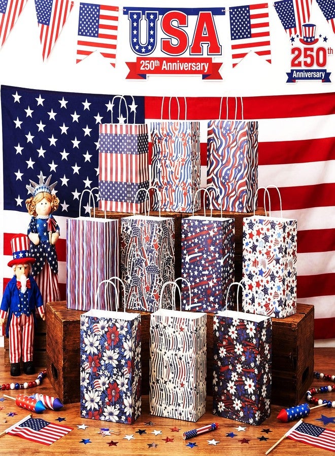 Tenceur 40 Pcs 250th Anniversary 4th of July Patriotic Gift Bags with Handles, USA Red Blue White 10 Designs American Flag Treat Paper Goodie Bags for Independence Day Veterans Patriotic Celebrations - Image 2