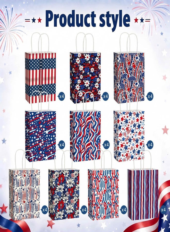 Tenceur 40 Pcs 250th Anniversary 4th of July Patriotic Gift Bags with Handles, USA Red Blue White 10 Designs American Flag Treat Paper Goodie Bags for Independence Day Veterans Patriotic Celebrations - Image 4