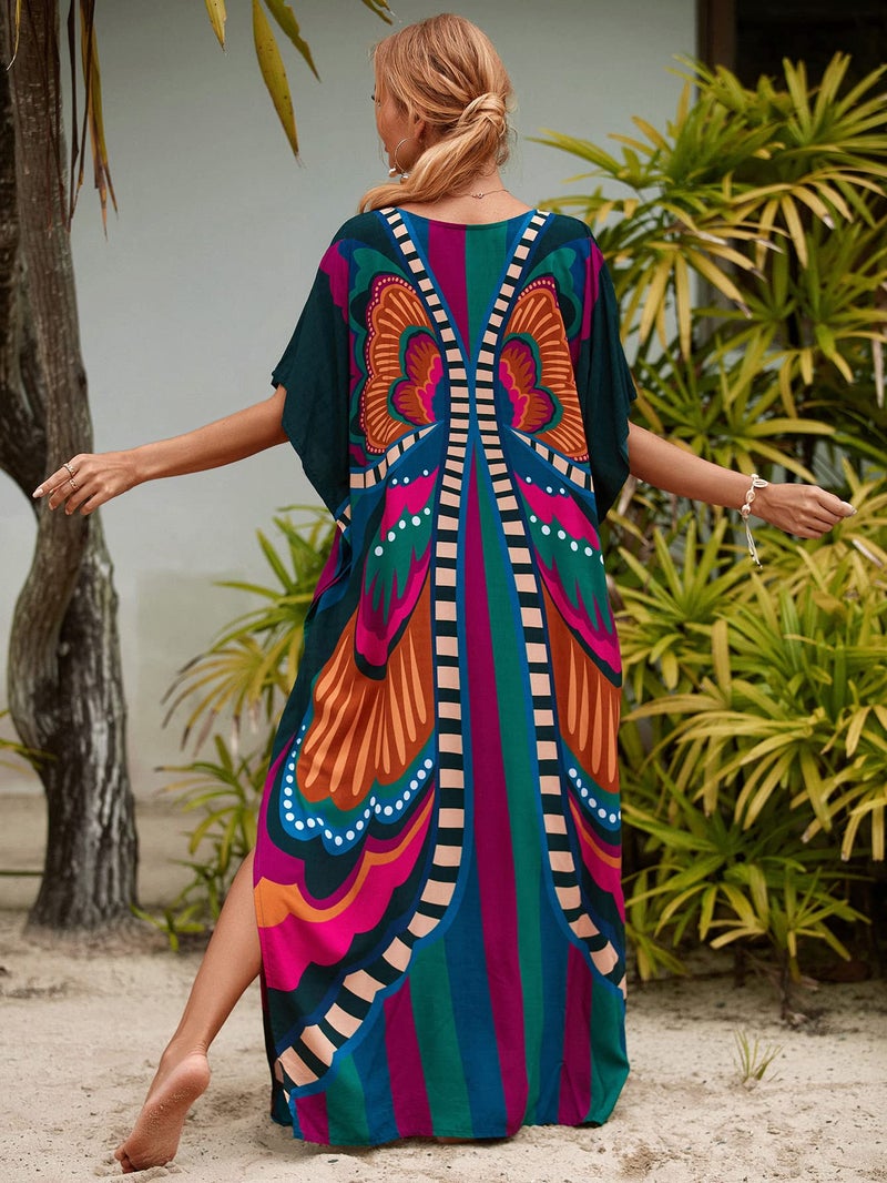 Moss Rose Caftan Coverup Dresses for Women V Neck Summer Swimsuit Kaftan Plus Size Maxi Beach Vacation Clothes - Image 2