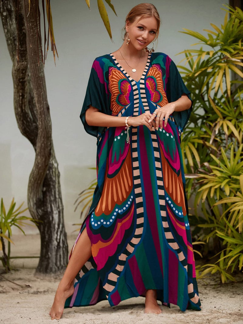 Moss Rose Caftan Coverup Dresses for Women V Neck Summer Swimsuit Kaftan Plus Size Maxi Beach Vacation Clothes - Image 4