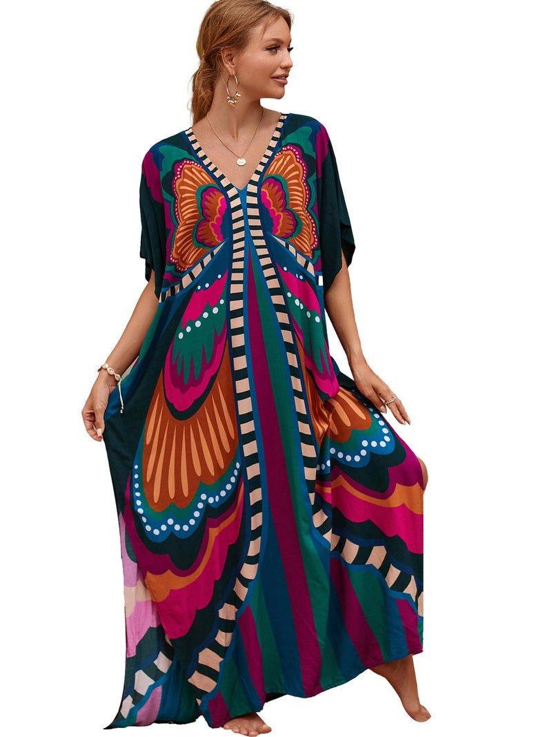 Moss Rose Caftan Coverup Dresses for Women V Neck Summer Swimsuit Kaftan Plus Size Maxi Beach Vacation Clothes - Image 1