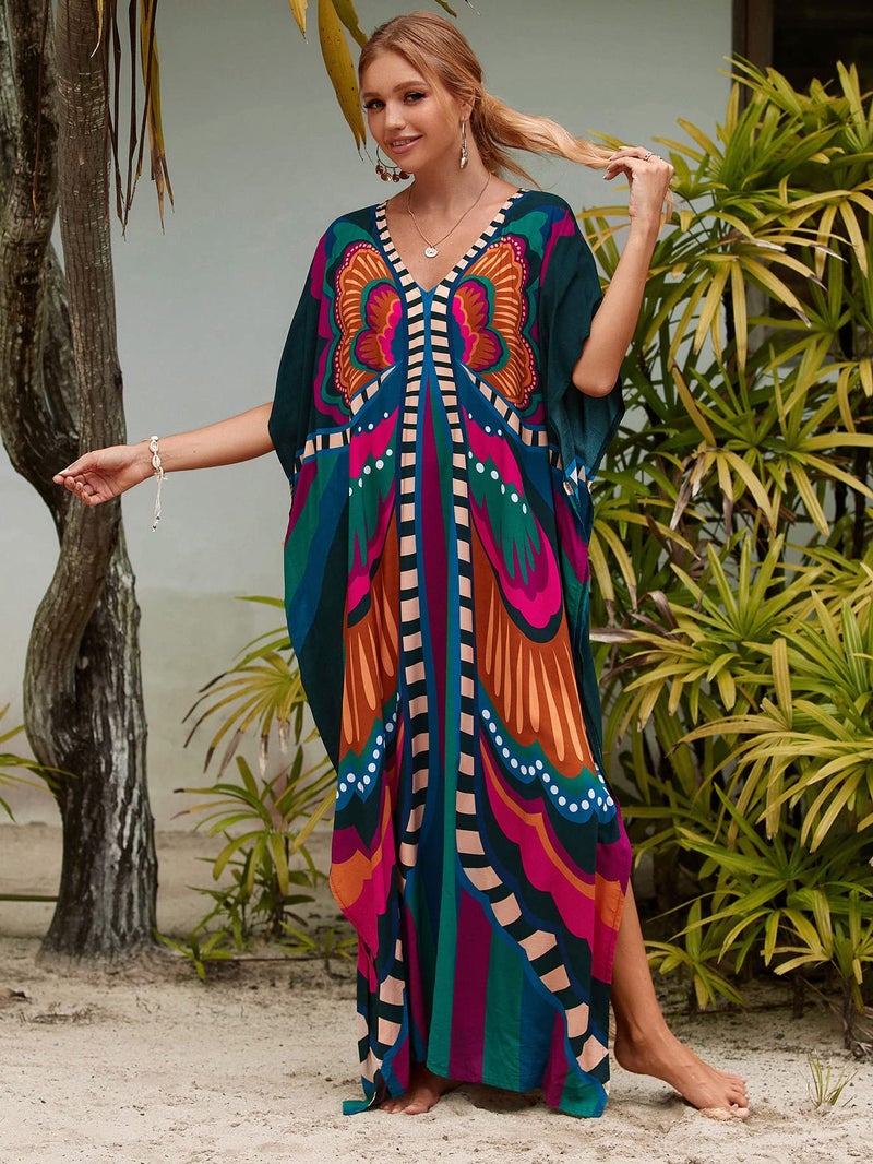 Moss Rose Caftan Coverup Dresses for Women V Neck Summer Swimsuit Kaftan Plus Size Maxi Beach Vacation Clothes - Image 3