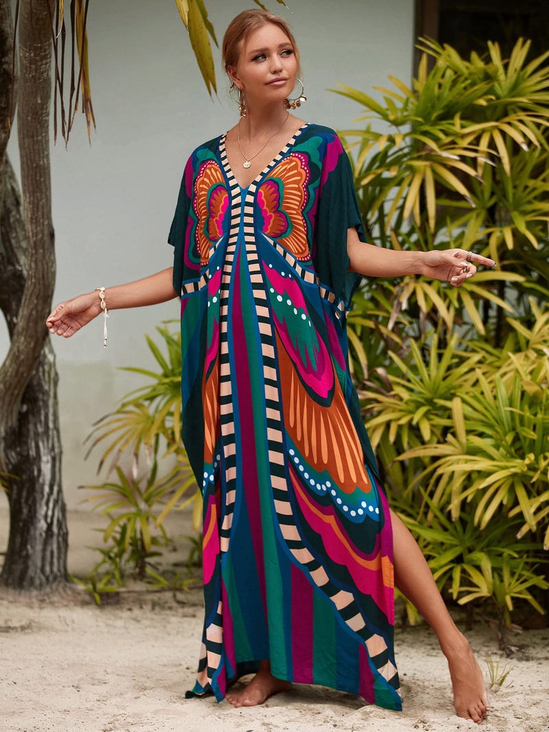 Moss Rose Caftan Coverup Dresses for Women V Neck Summer Swimsuit Kaftan Plus Size Maxi Beach Vacation Clothes - Image 5