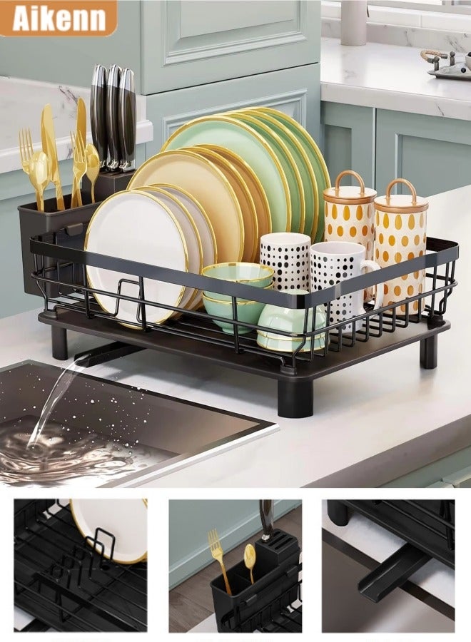 Aikenn Dish Drying Rack Space-Saving Dish Rack Dish Storage Rack Kitchen Countertop Dish Rack Stainless Steel Kitchen Drying Rack With Cutlery Rack Rust-Proof Storage Rack With Drain Board 43*33*15cm Black  - Image 1