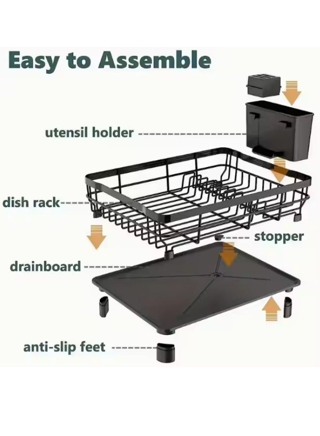 Aikenn Dish Drying Rack Space-Saving Dish Rack Dish Storage Rack Kitchen Countertop Dish Rack Stainless Steel Kitchen Drying Rack With Cutlery Rack Rust-Proof Storage Rack With Drain Board 43*33*15cm Black  - Image 3