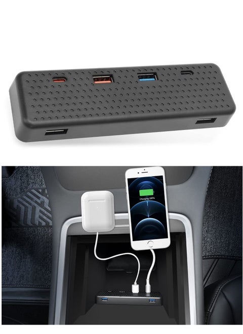 6 in 1 USB Hub Accessories Docking Station for Tesla 2021 2022 Model Y 3 , Car Accessories of Center Console Smart Sensor Provides Charging & Data Transfer for Smart Phones, Game Controller